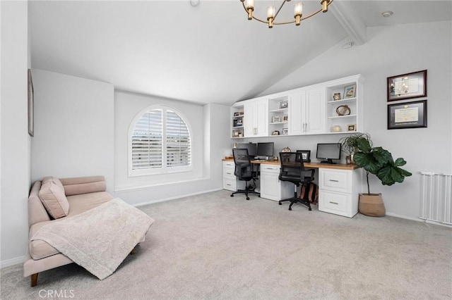 carpeted office space with lofted ceiling with beams, built in desk, and a chandelier