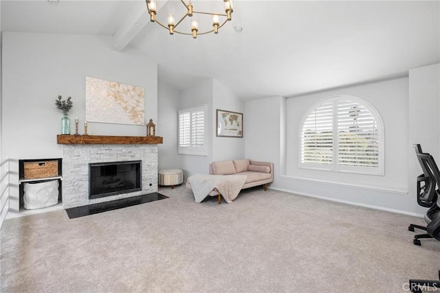 interior space featuring a notable chandelier, a stone fireplace, carpet, and vaulted ceiling with beams