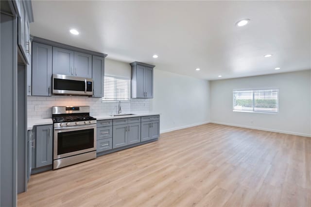 kitchen featuring sink, appliances with stainless steel finishes, gray cabinetry, backsplash, and light wood-type flooring