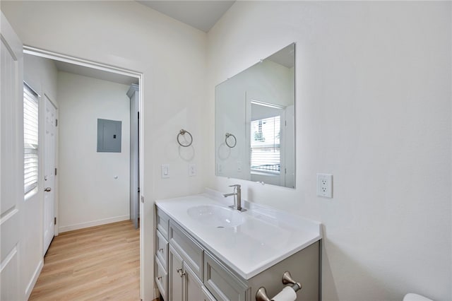 bathroom with hardwood / wood-style floors, vanity, a wealth of natural light, and electric panel