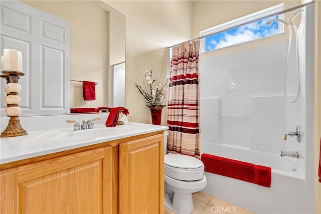 full bathroom with tile patterned flooring, vanity, shower / tub combo, and toilet