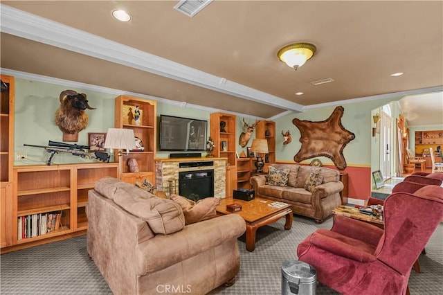 carpeted living room with crown molding, a fireplace, and vaulted ceiling