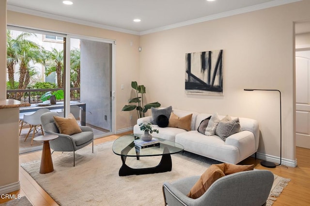 living room featuring ornamental molding and light hardwood / wood-style floors