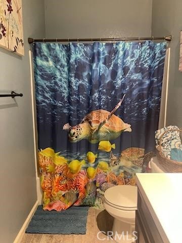 full bathroom featuring shower / tub combo with curtain, vanity, and toilet