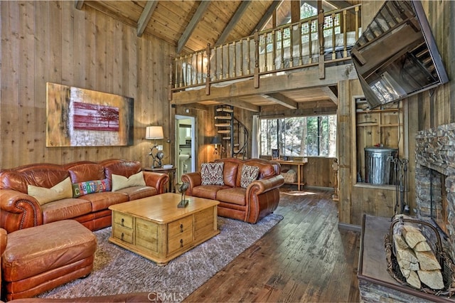 living room featuring high vaulted ceiling, wooden walls, beamed ceiling, wood ceiling, and dark wood-type flooring