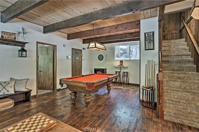 playroom featuring beamed ceiling, billiards, dark hardwood / wood-style flooring, and wooden ceiling