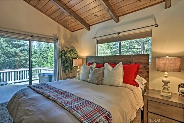 bedroom with multiple windows, wood ceiling, access to outside, and lofted ceiling with beams