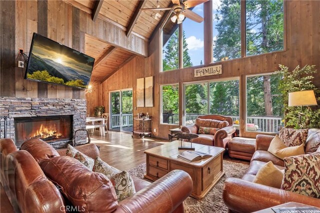 26619 Bel Air Ct, Lake Arrowhead, CA 92352 - living area featuring wood ceiling with exposed beams, high vaulted ceiling, wooden walls, wood-type flooring, and ceiling fan
