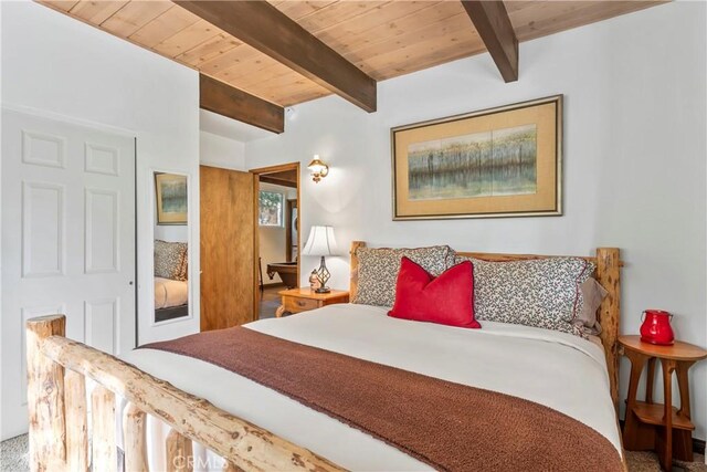26619 Bel Air Ct, Lake Arrowhead, CA 92352 - bedroom with wooden ceiling with exposed beams