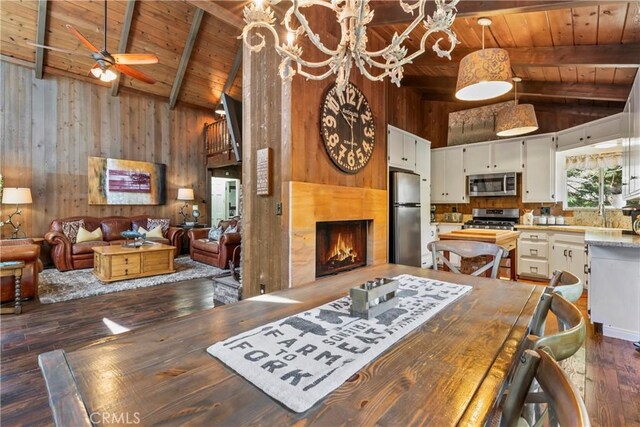 26619 Bel Air Ct, Lake Arrowhead, CA 92352 - dining area featuring wooden ceiling with exposed beams, dark wood-type flooring, wood walls, high vaulted ceiling, and a lit fireplace