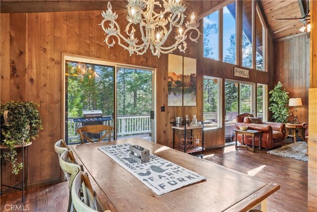 26619 Bel Air Ct, Lake Arrowhead, CA 92352 - dining area with wooden walls, hardwood / wood-style flooring, a chandelier, wood ceiling, and a ceiling fan