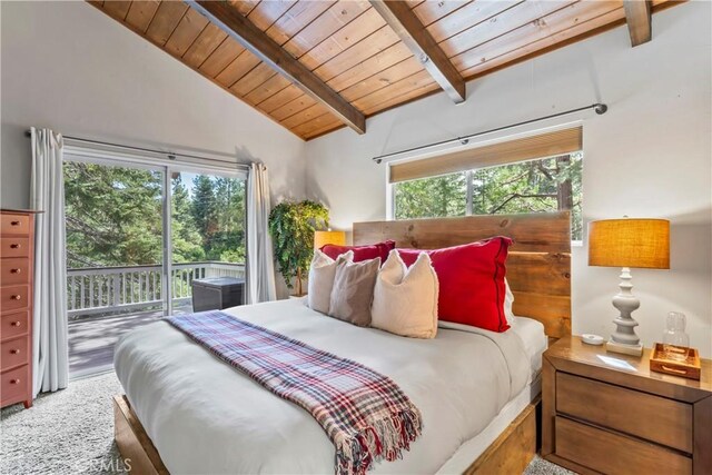 26619 Bel Air Ct, Lake Arrowhead, CA 92352 - carpeted bedroom with wood ceiling and access to outside