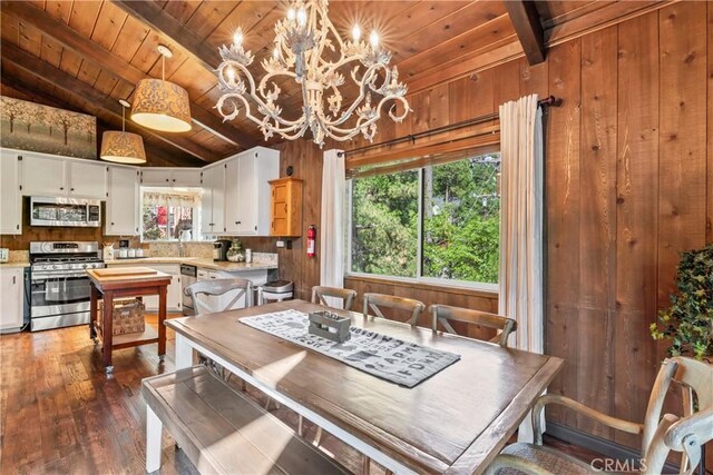 26619 Bel Air Ct, Lake Arrowhead, CA 92352 - dining space with wooden ceiling, dark wood-type flooring, a chandelier, and wood walls