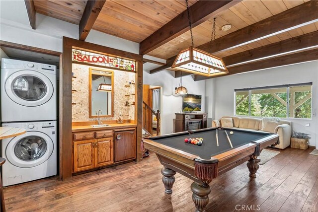26619 Bel Air Ct, Lake Arrowhead, CA 92352 - game room featuring estacked washer and dryer, wood ceiling with exposed beams, light wood-style floors, billiards, and a sink