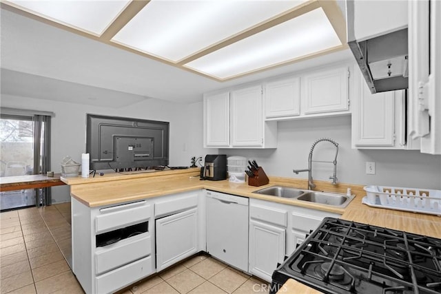 kitchen featuring range with gas stovetop, sink, white cabinets, white dishwasher, and kitchen peninsula