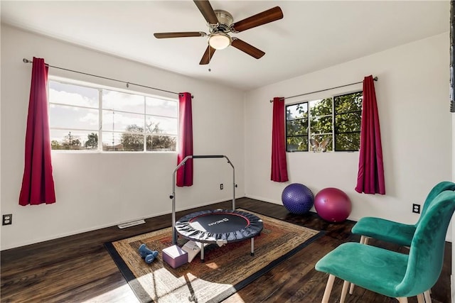 exercise area with dark wood-type flooring and ceiling fan