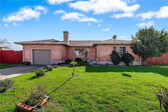 ranch-style home featuring a garage and a front lawn