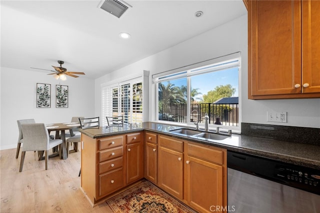 1320 W Fern Ave, Redlands, CA 92373 - kitchen with brown cabinets, a sink, visible vents, a peninsula, and stainless steel dishwasher