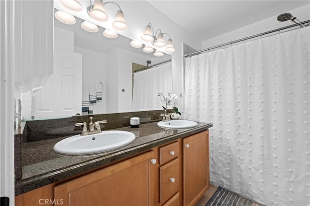 1320 W Fern Ave, Redlands, CA 92373 - bathroom featuring double vanity, tile patterned floors, a shower with shower curtain, and a sink