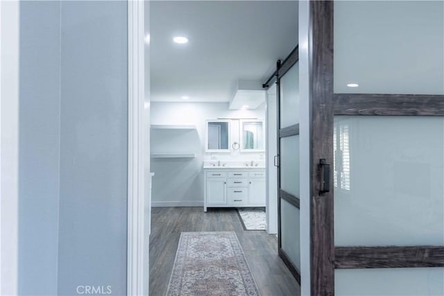 bathroom with wood-type flooring and vanity