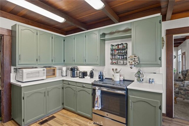 kitchen featuring stainless steel range with electric stovetop, green cabinets, white microwave, and light countertops