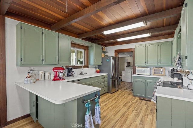 kitchen featuring a peninsula, green cabinets, light countertops, and a sink