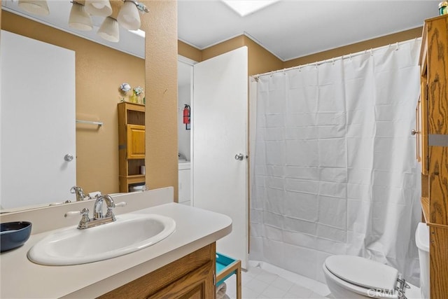 full bathroom with vanity and a shower with curtain