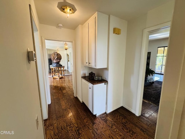 hallway featuring baseboards and dark wood-style flooring