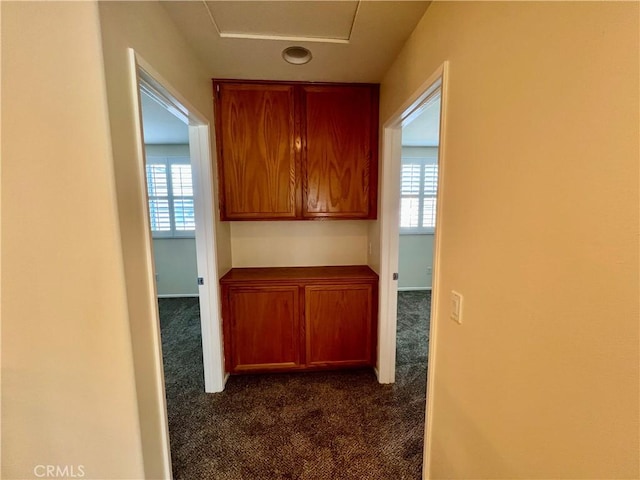 corridor with a healthy amount of sunlight and dark colored carpet