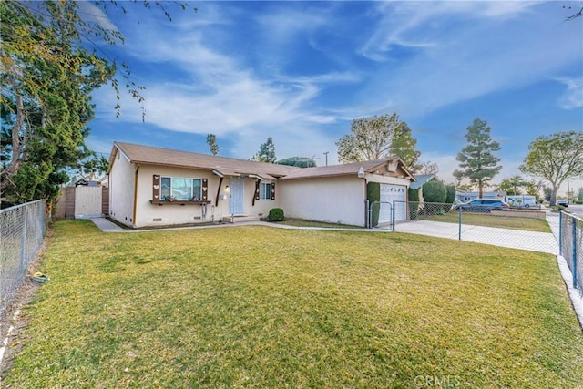 ranch-style house featuring a garage and a front yard