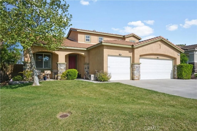 31242 Bell Mountain Rd, Menifee, CA 92584 - mediterranean / spanish-style house featuring stucco siding, a garage, a front lawn, driveway, and stone siding