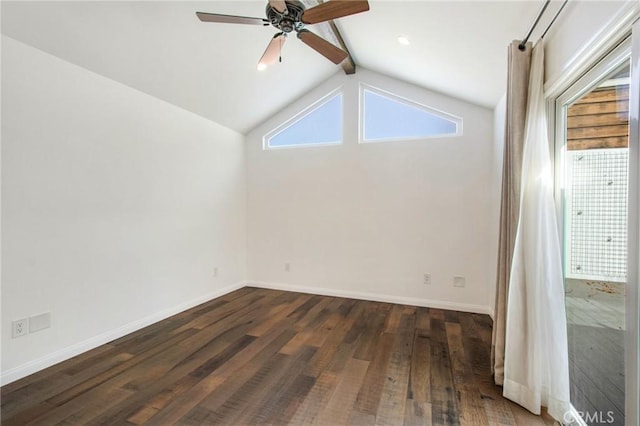 unfurnished room with ceiling fan, dark hardwood / wood-style floors, and vaulted ceiling with beams