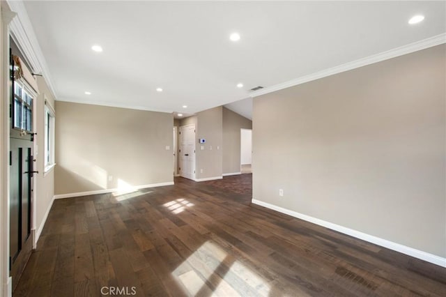 interior space with crown molding and dark hardwood / wood-style floors