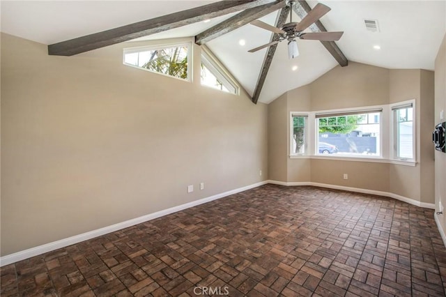 empty room featuring ceiling fan, beam ceiling, and high vaulted ceiling