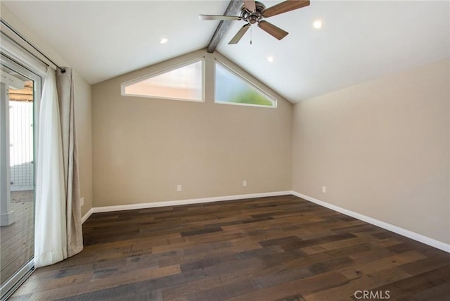 unfurnished room with lofted ceiling with beams, ceiling fan, and dark hardwood / wood-style flooring