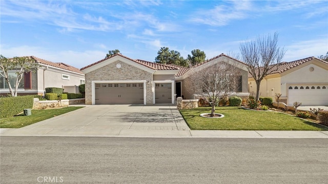 mediterranean / spanish-style house featuring a garage, a tiled roof, stone siding, driveway, and a front yard