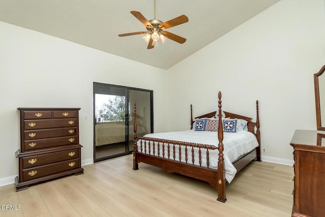 bedroom featuring vaulted ceiling, ceiling fan, access to exterior, and light wood-type flooring