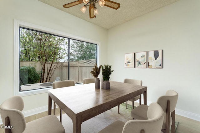 dining space with ceiling fan, a textured ceiling, and light hardwood / wood-style flooring