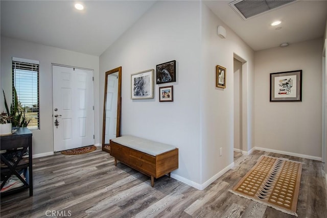 entrance foyer with lofted ceiling and hardwood / wood-style floors