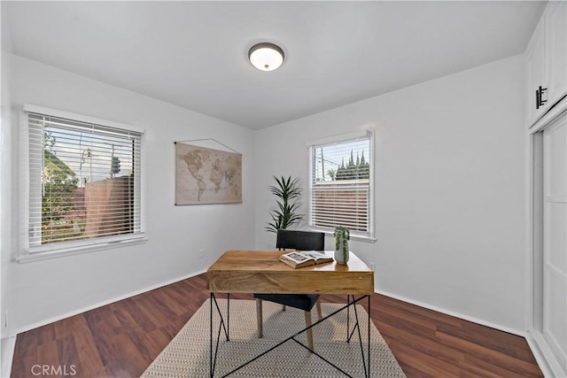 home office with dark hardwood / wood-style flooring