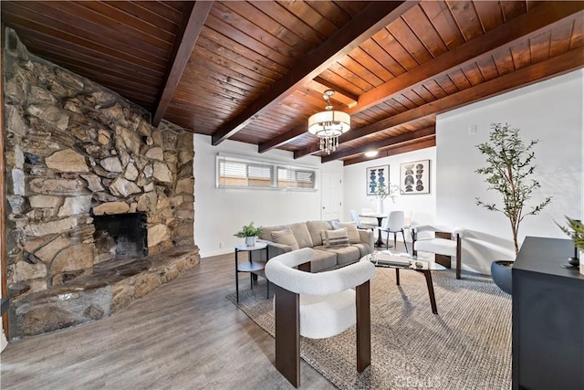 living room with hardwood / wood-style floors, a fireplace, a chandelier, wood ceiling, and beam ceiling