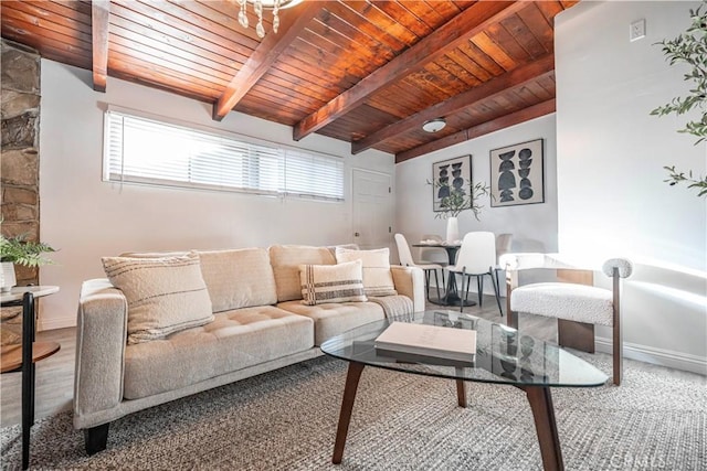 living room with hardwood / wood-style floors, lofted ceiling with beams, and wooden ceiling