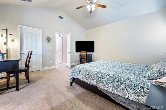 bedroom featuring ceiling fan, vaulted ceiling, and light carpet