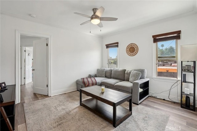 living room featuring ceiling fan and light wood-type flooring