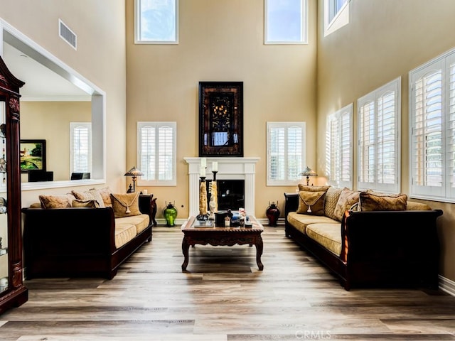 living room featuring a wealth of natural light, a glass covered fireplace, and visible vents