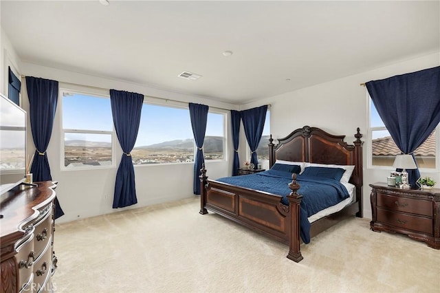 bedroom with light colored carpet