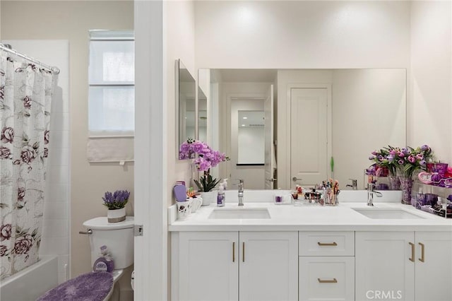 full bathroom featuring vanity, toilet, and shower / bath combo with shower curtain