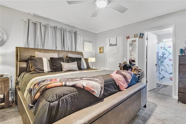 bedroom with light carpet and ceiling fan