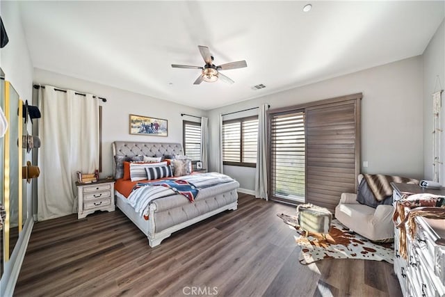 bedroom featuring ceiling fan, access to exterior, and dark hardwood / wood-style flooring