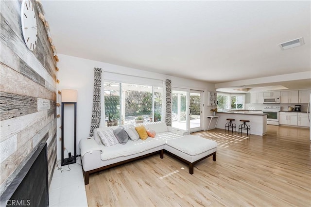 living room with a stone fireplace and light wood-type flooring